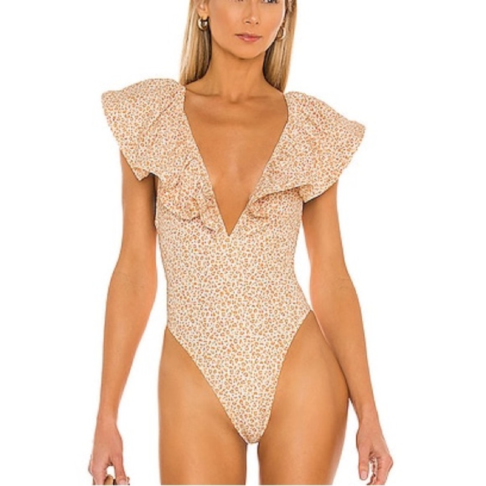 Tularosa Giamina One Piece in Orange Leopard Deep V-Neck Swimsuit XXS